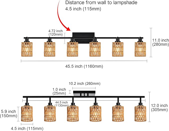 MELUCEE Ceiling Track Lighting Kits 6 Light Farmhouse Bathroom Light Fixtures with Flexibly Rotatable Light Head, Black Spotlights with Rattan Lamp Shade for Hallway Porch Foyer Bath