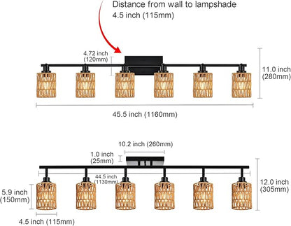 MELUCEE Ceiling Track Lighting Kits 6 Light Farmhouse Bathroom Light Fixtures with Flexibly Rotatable Light Head, Black Spotlights with Rattan Lamp Shade for Hallway Porch Foyer Bath
