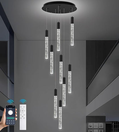 Modern High Ceiling Crystal Chandelier 9-Lights, Spiral LED Raindrop Foyer Pendant Lighting, Bubble Staircase Living Room Hanging Light Fixture Flush Mount Black