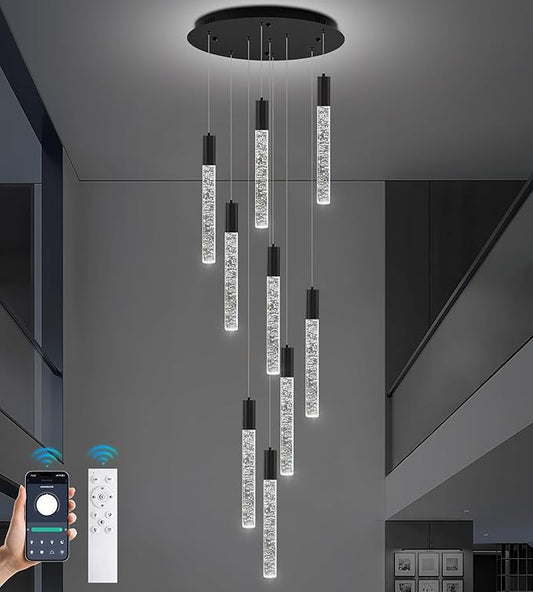 Modern High Ceiling Crystal Chandelier 9-Lights, Spiral LED Raindrop Foyer Pendant Lighting, Bubble Staircase Living Room Hanging Light Fixture Flush Mount Black