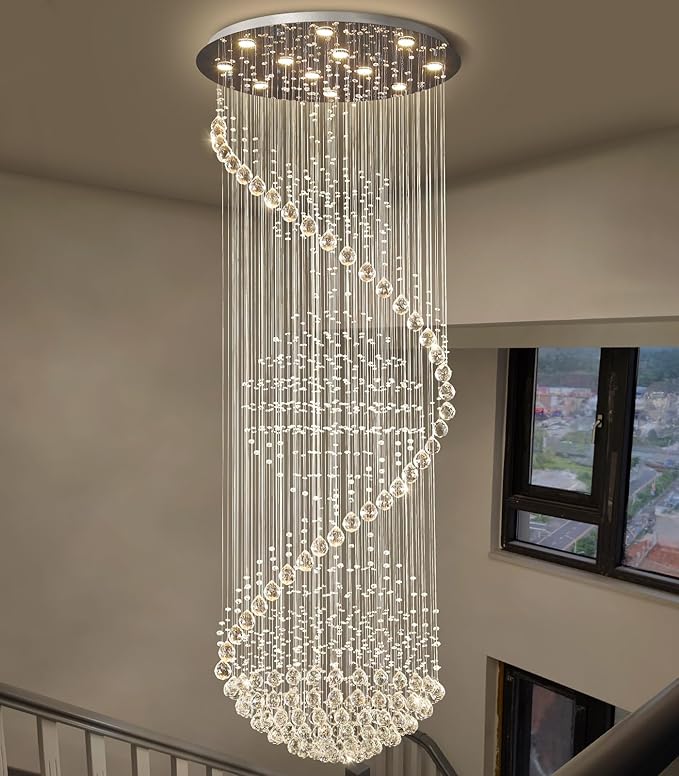 Crystal Chandelier High Ceiling Chandeliers for Staircaes Large Raindrop Chandeliers LED Dimmable Light Fixtures for Foyer Hallway Entryway LED Bulbs Included 98''