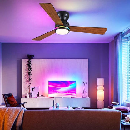 Asyko 46" RGB Ceiling Fans Light,Low Profile Ceiling Fans with Lights and Remote,Modern Flush Mount Ceiling Fan Light with Quiet Reversible DC Motor for Bedroom Kids Room