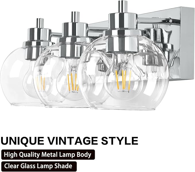 Tuscarora Chrome Vanity Light Fixture - 3 Light Bathroom Vanity with Clear Glass Shade - Light Over Mirror for Bathroom Lighting