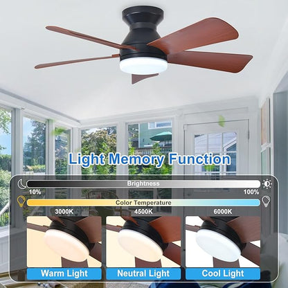 Depuley 35-Inch Ceiling Fan with Light: Walnut 5 Blade Low Profile Small Fans for Kitchen Bedroom - Flush Mount Ceiling Fan for Indoor/Outdoor with Remote Control Reversible Timer - 2 Packs