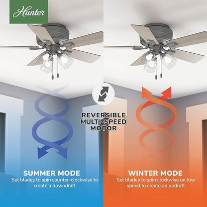 Hunter 42 inch Indoor Ceiling Fan with LED Lights and Pull Chain - Low Profile Flush Mount Ceiling Fan, 5 Blades, For Bedroom, Living Room, or Kitchen, Quiet - Crestfield 51025, Matte Silver