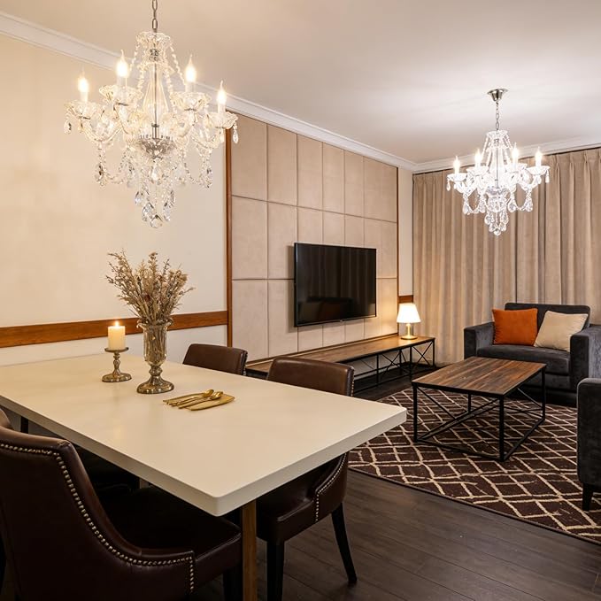 Modern Crystal Chandelier with 6 E12 Sockets, Adjustable Chain, Elegant K9 Crystal Lighting Fixture for Living Dining Room, Foyer