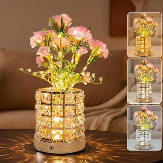Lily Flower Lamps, Rechargeable Cordless Small Desk Lamp, 3 Colors Dimmable Artificial Flowers Night Light, Fake Bouquet 3 Lilies with Crystal Vase for Home Date Party Decoration (Pink - Carnation)