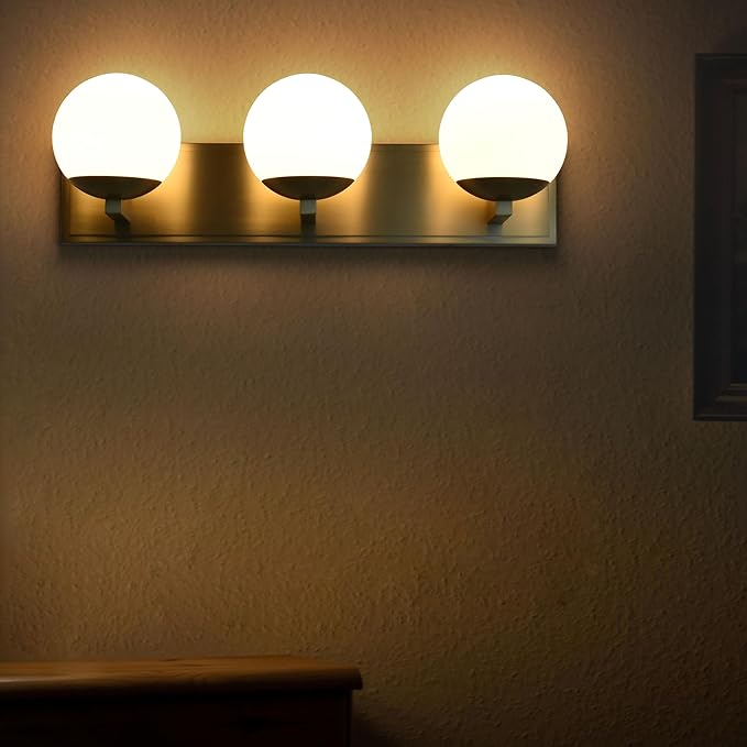 Gold Bathroom Vanity Light Fixtures, 3-Light Globe Bathroom Lighting Fixtures Over Mirror, Modern Wall Lights for Living Room, Long Backplate, Standard E26 Base, Aged Brass