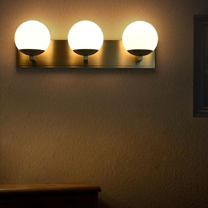 Gold Bathroom Vanity Light Fixtures, 3-Light Globe Bathroom Lighting Fixtures Over Mirror, Modern Wall Lights for Living Room, Long Backplate, Standard E26 Base, Aged Brass