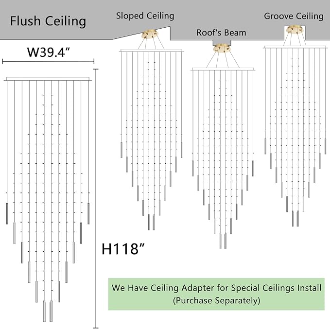 HAIXIANG W40 x H120 Glam Chandelier with LED Bulbs Square Chandeliers, Crystal Raindrop High Ceiling Pendant Light for Entrance Large Villa Foyer Lighting Fixtures Gold