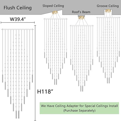 HAIXIANG W40 x H120 Glam Chandelier with LED Bulbs Square Chandeliers, Crystal Raindrop High Ceiling Pendant Light for Entrance Large Villa Foyer Lighting Fixtures Gold