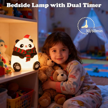 Christmas Silicone Night Light for Kids, 7-Color Cute Panda Night Light, 3-Level Dimmable Bedside Lamp with 30/60min Timer, LED Rechargeable Lamp for Toddler Boys Girls Holiday Christmas Decor (Panda)