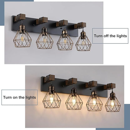 Black Gold Farmhouse Bathroom Light Fixtures, 4-Light Bathroom Lighting Fixtures Over Mirror, Rustic Wood Vanity Lights Wall Sconces with Metal Lampshade for Living Room
