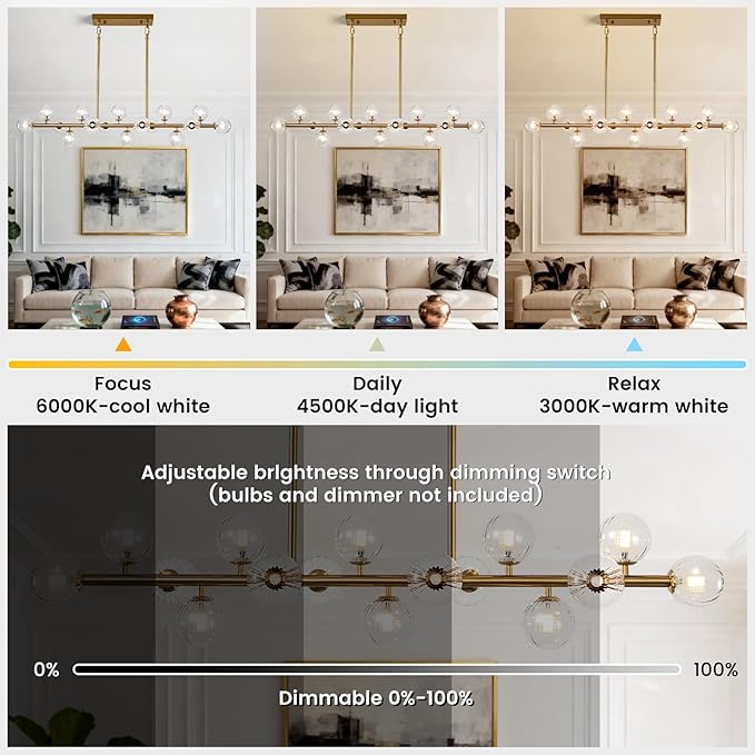 Gold Globe Chandelier Linear Rectangle Modern Chandelier Glass Pendant Light Fixture Adjustable for Dining Living Room Kitchen Island 55"