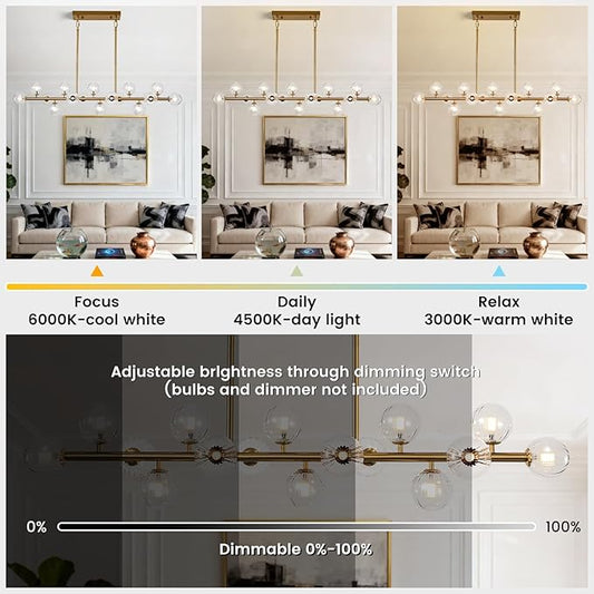 Gold Globe Chandelier Linear Rectangle Modern Chandelier Glass Pendant Light Fixture Adjustable for Dining Living Room Kitchen Island 55"