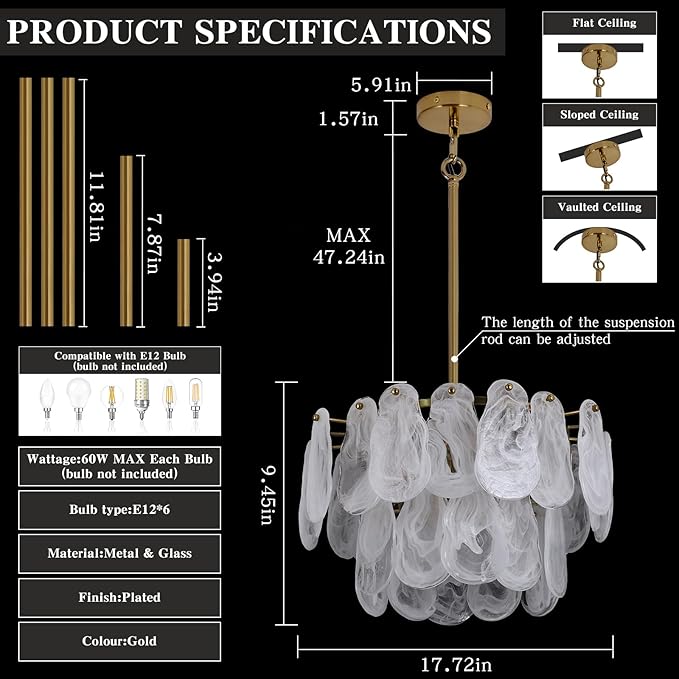 Modern Crystal Glass Chandelier, 17.7" Gold Luxury Hanging Pendant Light Fixture, 6-Light Round Cloud Ceiling Chandeliers Lighting for Dining Room Living Room Bedroom Foyer Stairway, E12