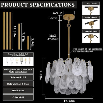 Modern Crystal Glass Chandelier, 17.7" Gold Luxury Hanging Pendant Light Fixture, 6-Light Round Cloud Ceiling Chandeliers Lighting for Dining Room Living Room Bedroom Foyer Stairway, E12