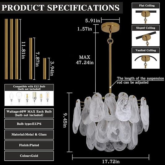 Modern Crystal Glass Chandelier, 17.7" Gold Luxury Hanging Pendant Light Fixture, 6-Light Round Cloud Ceiling Chandeliers Lighting for Dining Room Living Room Bedroom Foyer Stairway, E12