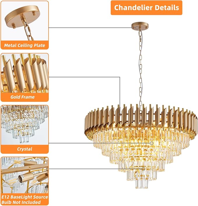 Large Crystal Chandelier 30" Modern Hanging Crystal Pendant, 6 Tiers K9 Crystal Ceiling 16 Lights Fixtures, Round Pendant Lighting Large Chandelier for Entryway Dining Room Staircase
