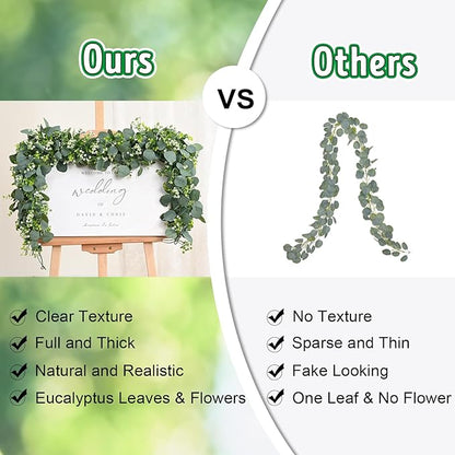 Waipfaru 4Pcs Eucalyptus Garland, 5.9FT Greenery Garland, Green Garland with Flowers, Artificial Faux Silver Dollar Eucalyptus Leaves Vines for Table Home Wedding Mantle Party Indoor Outdoor Decor