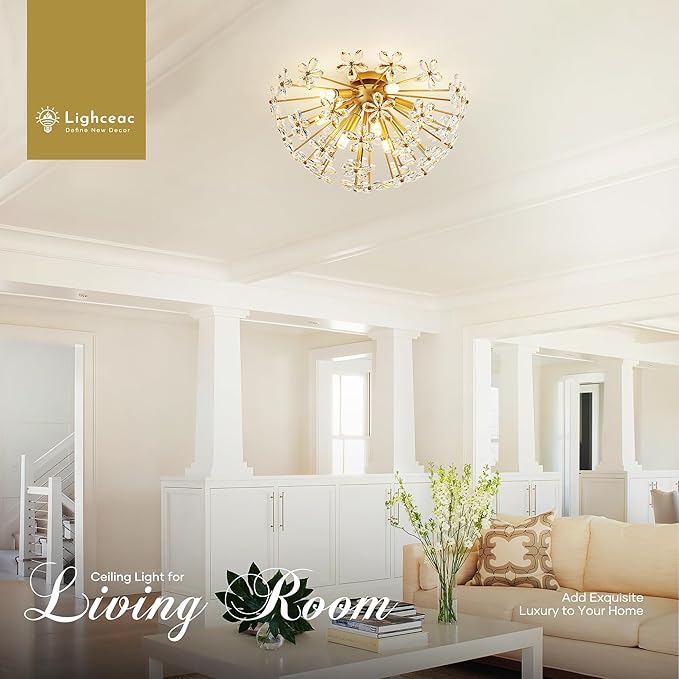 24" Modern Gold Crystal Sputnik Chandelier for Dining Living Room Glam Luxury Petal Semicircle Chandelier 8-Light for Foyer Hallway Elegant Pendant Ceiling Light Fixtures for Kitchen Bedroom