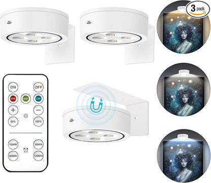 3Pcs Picture Light Battery Operated, Wireless Led Painting Light with Remote Dimmable and Timer, 3 Lighting Modes Art Display Light for Picture Frame Artworking Portrait, Wall Decorative Puck Lights