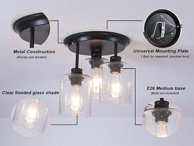 Semi Flush Mount Ceiling Light, Matte Black Kitchen Light Fixtures Ceiling Mount with Seeded Glass Shades, 3-Light Close to Ceiling Light Fixtures for Kitchen Hallway Foyer Dining Room.