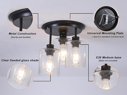 Semi Flush Mount Ceiling Light, Matte Black Kitchen Light Fixtures Ceiling Mount with Seeded Glass Shades, 3-Light Close to Ceiling Light Fixtures for Kitchen Hallway Foyer Dining Room.