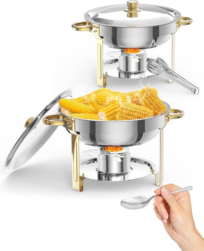 5QT 2 Packs Chafing Dish Buffet Set, NSF Round Stainless Steel Chafers and Warmers Food Servers Sets with Lid & Lid Holder, Spoon & Tweezer for Catering Events Parties Weddings Dinners,Gold