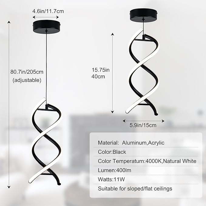 MAYNA Spiral Led Pendant Light Fixture,11W Modern Led Chandelier, 4000K Adjustable Height Hanging Light Fixture for Kitchen Living Room Dinning Room Bedroom Cafe Table, 1 Pack (Black)
