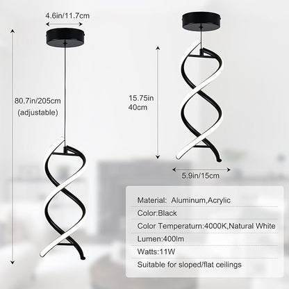 MAYNA Spiral Led Pendant Light Fixture,11W Modern Led Chandelier, 4000K Adjustable Height Hanging Light Fixture for Kitchen Living Room Dinning Room Bedroom Cafe Table, 1 Pack (Black)
