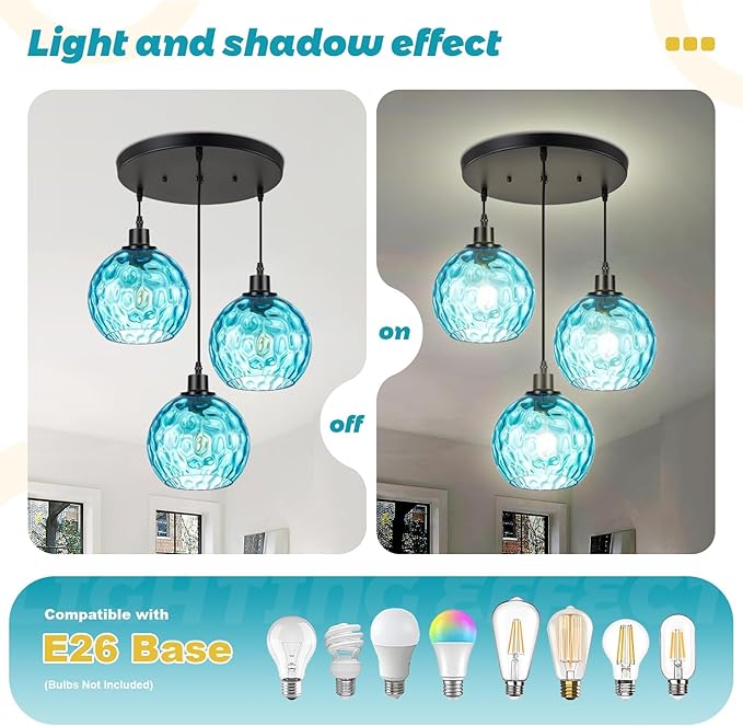 3-Light Kitchen Island Pendant Light with Blue Glass Shades, Adjustable Black Hanging Ceiling Lamp, Mid Century Modern Chandelier for Dining Room, Breakfast Bar, Farmhouse