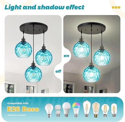 3-Light Kitchen Island Pendant Light with Blue Glass Shades, Adjustable Black Hanging Ceiling Lamp, Mid Century Modern Chandelier for Dining Room, Breakfast Bar, Farmhouse