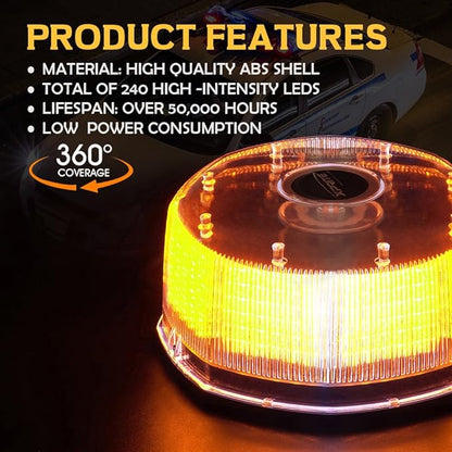 Xprite 240LED Rotating Beacon Light, Forklift Strobe Lights w/Magnetic Base for 12-24V Construction Truck Patrol Car Tractor Golf Carts-Amber