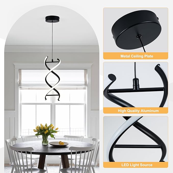 MAYNA Spiral Led Pendant Light Fixture,11W Modern Led Chandelier, 4000K Adjustable Height Hanging Light Fixture for Kitchen Living Room Dinning Room Bedroom Cafe Table, 1 Pack (Black)