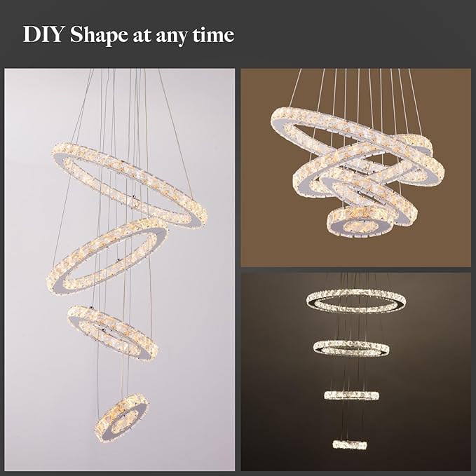 Dimmable Crystal LED Chandelier(3000-6500K) for High Ceiling – Remote Control, Adjustable Height, Modern Stainless Steel Fixture for Foyer, Staircase, Living Room(Chrome 4-Ring)