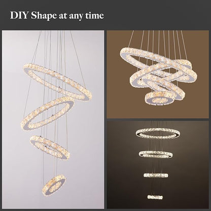 Dimmable Crystal LED Chandelier(3000-6500K) for High Ceiling – Remote Control, Adjustable Height, Modern Stainless Steel Fixture for Foyer, Staircase, Living Room(Chrome 4-Ring)
