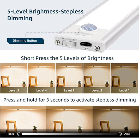 16inch Under Cabinet Lighting, 4 Pack Rechargeable Motion Sensor Light Indoor, Wireless Dimmable Magnetic Closet Lights, 68 LED Under Counter Lights for Kitchen, Wardrobe, Stairs, Warm Light