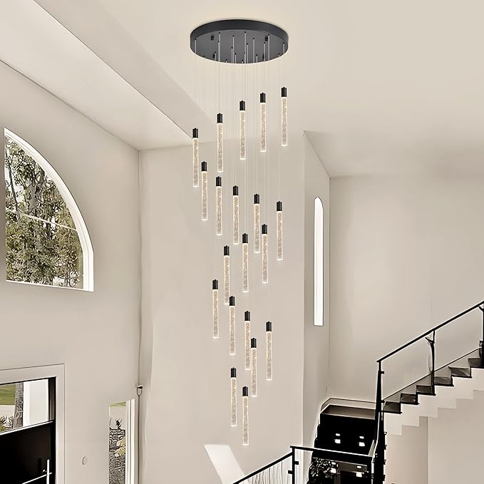 20-Lights Bubble Chandelier for Entryway High Ceiling-157 Height Adjustable Crystal Chandelier,3 Color Temperature Dimmable LED Pendant Light Fixture for Foyer Living Room Staircase,Matte Black