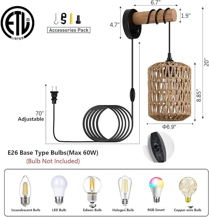 Rattan Plug in Wall Sconce Bedroom Sconces Set of 2 Boho Dimmable Wall Lamp with Plug in Cord Hanging Wall Lights for Living Room