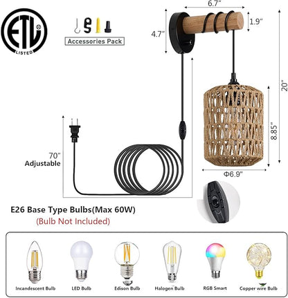 Rattan Plug in Wall Sconce Bedroom Sconces Set of 2 Boho Dimmable Wall Lamp with Plug in Cord Hanging Wall Lights for Living Room