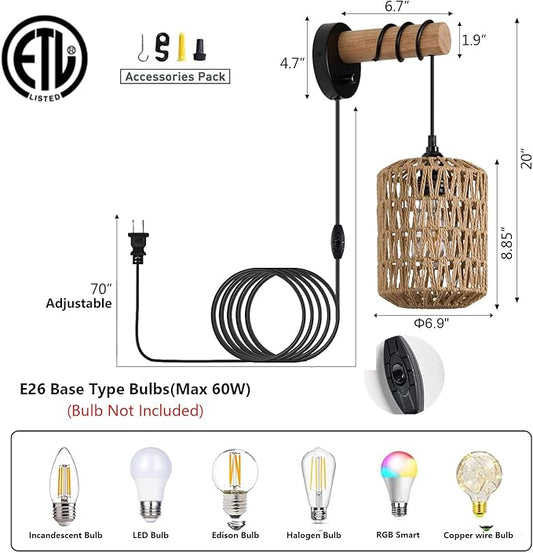 Rattan Plug in Wall Sconce Bedroom Sconces Set of 2 Boho Dimmable Wall Lamp with Plug in Cord Hanging Wall Lights for Living Room
