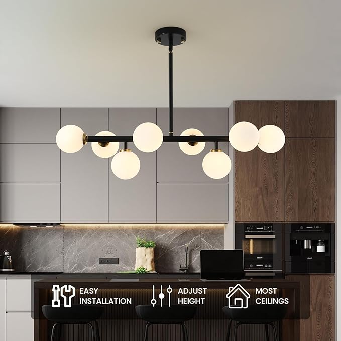 Sputnik Black and Gold Chandelier Pendant Linear Light Modern Mid Century Light Fixture White Globe Shade for Dining Living Room Kitchen Island 8-Light