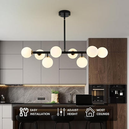 Sputnik Black and Gold Chandelier Pendant Linear Light Modern Mid Century Light Fixture White Globe Shade for Dining Living Room Kitchen Island 8-Light
