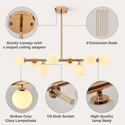 Grey Linear Chandelier, Modern Sputnik Ceiling Fixture with Adjustable Height & Dimmable Glass Shades for Dining Room, Office, Mid-Century Design