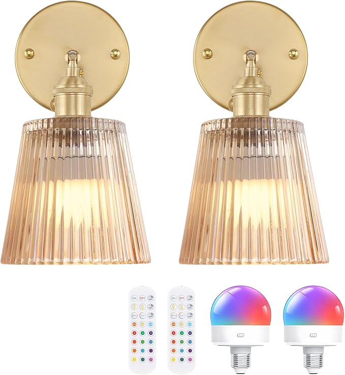Shenmoyl Vintage Battery Operated Wall Sconce with Amber Stripe Glass Lampshade Rechargeable Battery Powered Wall Light with Remote Control for Bedside Bedroom Doorway, Set of 2
