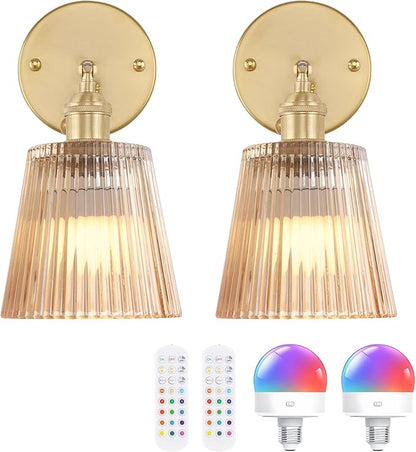 Shenmoyl Vintage Battery Operated Wall Sconce with Amber Stripe Glass Lampshade Rechargeable Battery Powered Wall Light with Remote Control for Bedside Bedroom Doorway, Set of 2
