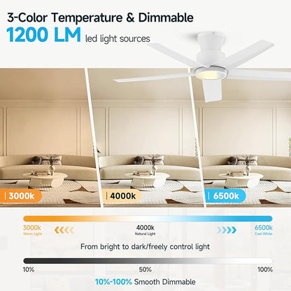 ocioc 44 inch Ceiling Fans with Lights and Remote, Dimmable Ceiling Fans with Reversible Quiet DC Motor, Flush Mount, 3CCT, White Ceiling Fan for Bedroom Living room Indoor/Outdoor