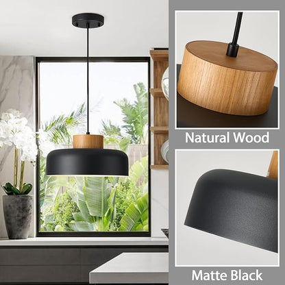 Modern Farmhouse Pendant Lights, 12.6 inch,Natural Wood Cap, Small Simple Ceiling Light Fixture for Kitchen Island, Dining Area, Matte Black