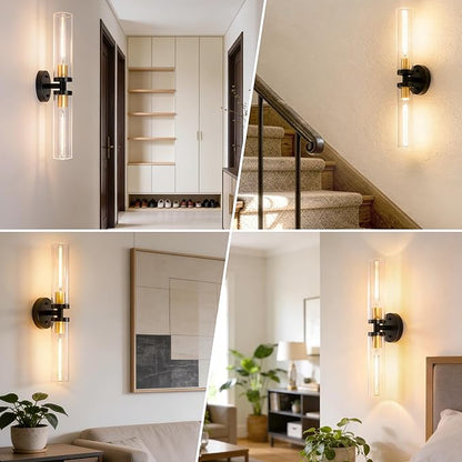 Black and Gold Wall Sconces Set of 2, Hardwired Bathroom Light Fixtures, Modern Bathroom Vanity Wall Lighting with Clear Glass Shade, Farmhouse Wall Sconce for Mirror Bedroom Hallway, E26 Base